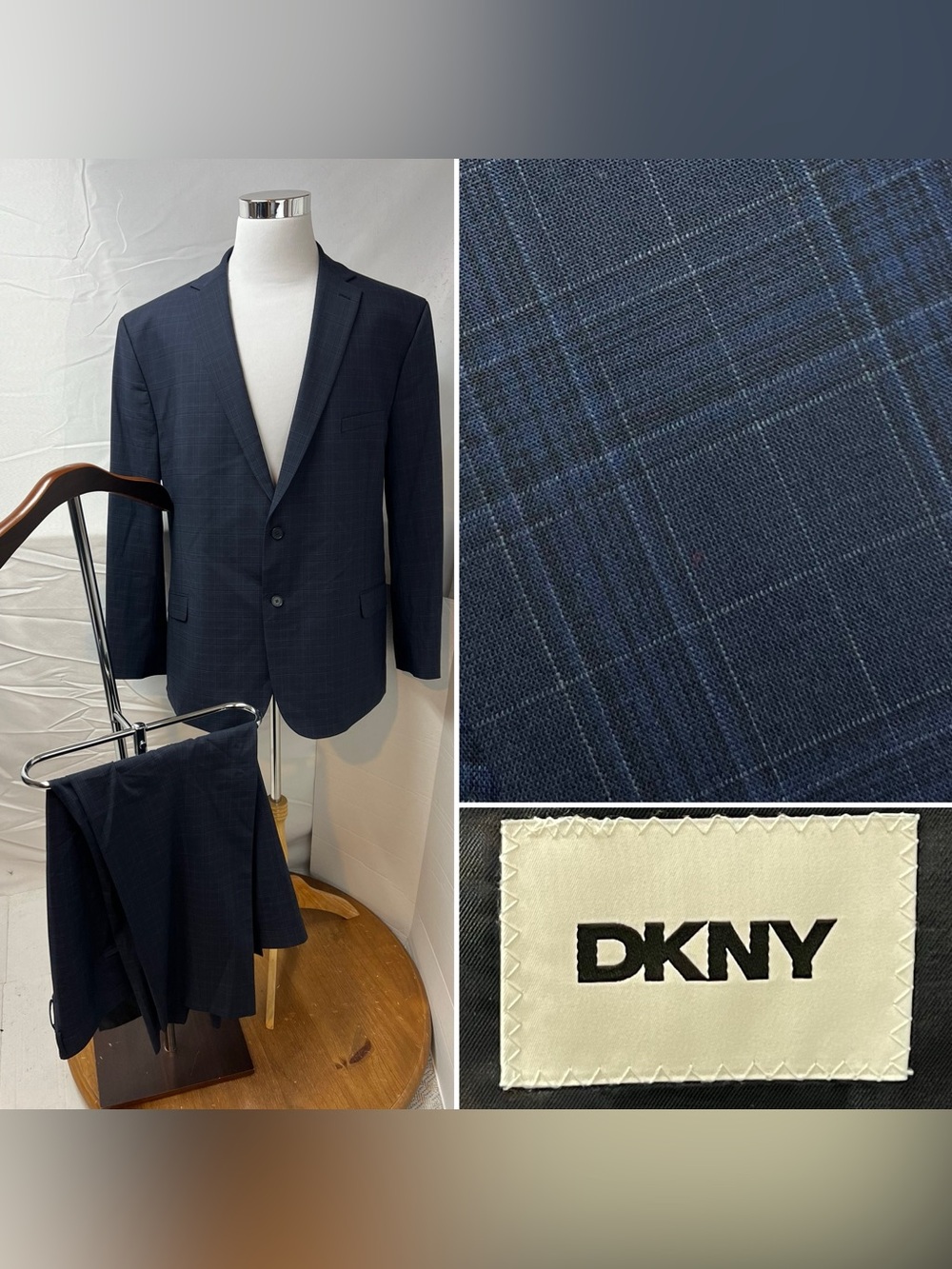 DKNY Men's 54R Blazer 50x30 Pants Navy Blue Plaid Suit
